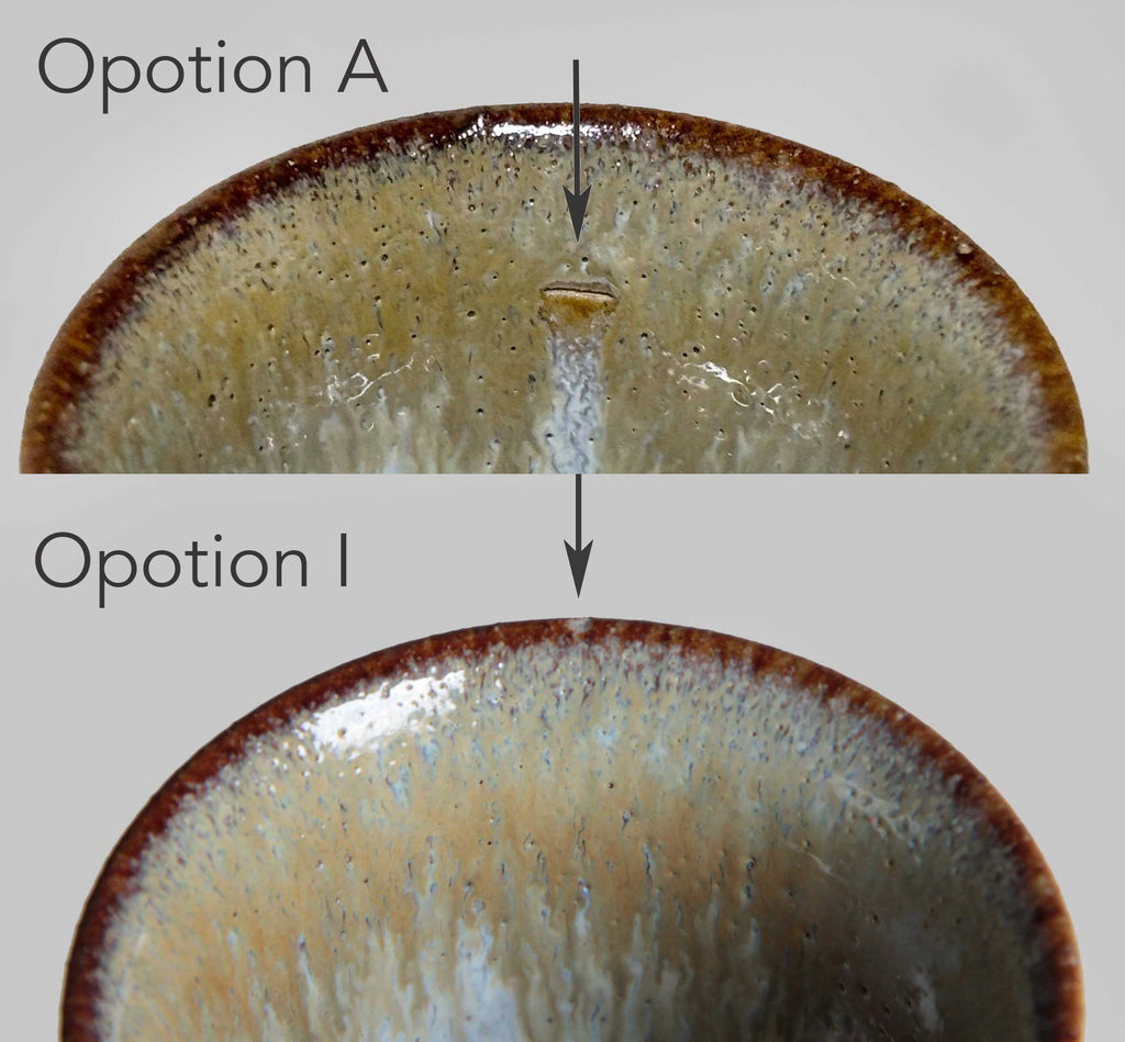 Close-up comparison of glaze imperfections on two different sake cups.