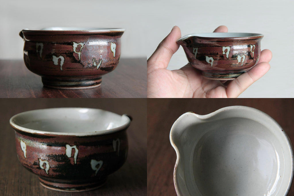 Collage of four views showing the
hand-held scale, side, top, and back of a Japanese Yusamashi