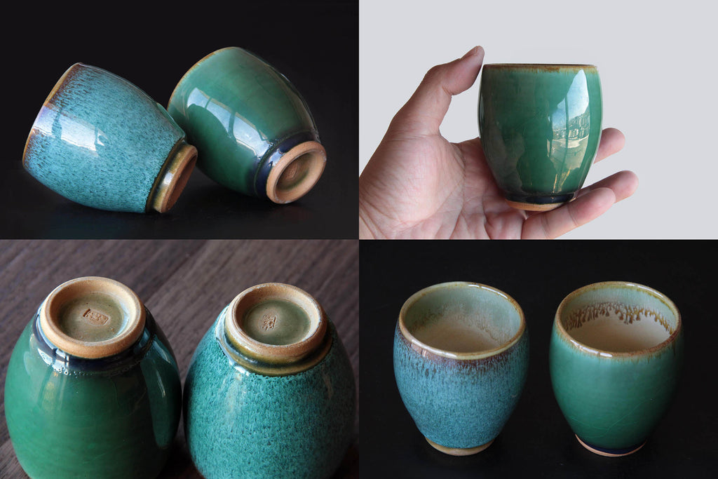 Deep green tea cup. Rare Otaru pottery in Hokkaido. 