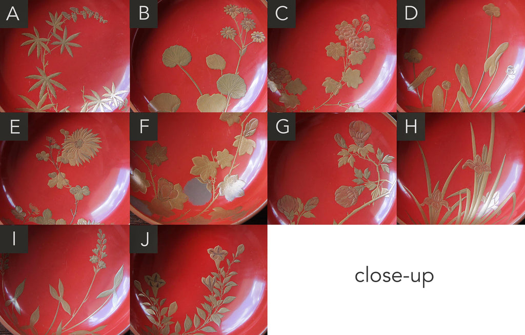 Red lacquer bowls with gold Maki-e decoration of various flowers and plants