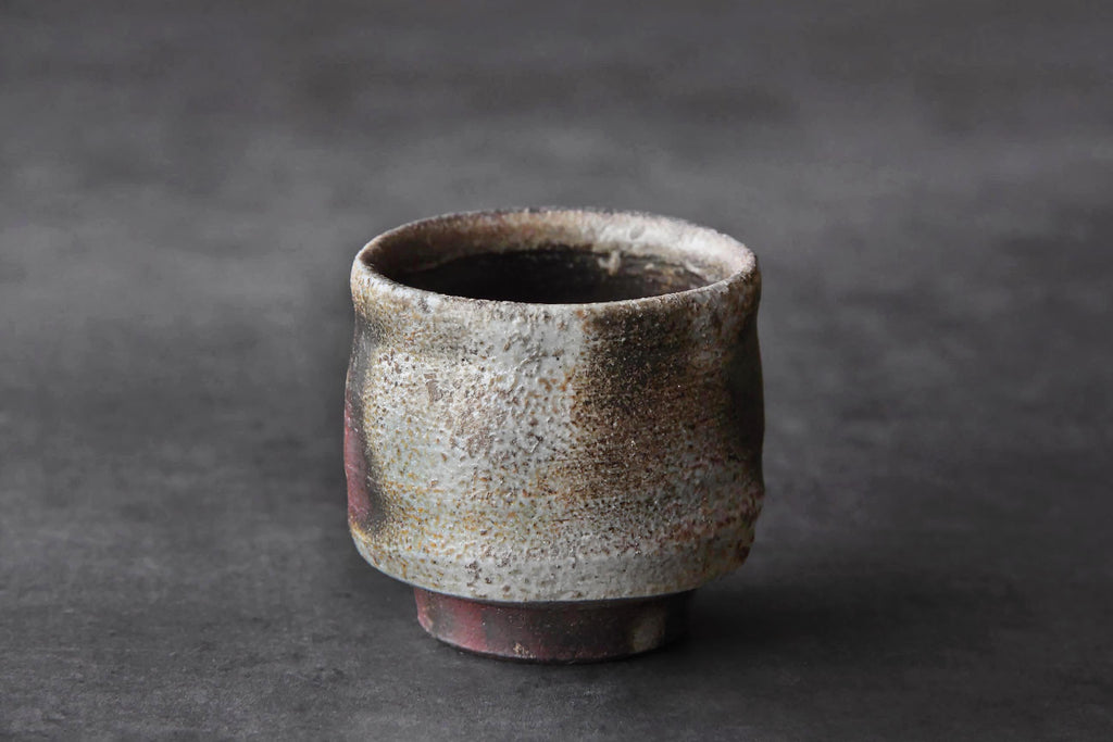 Bizen ware sake cup with natural earthy surface in brown, white, and reddish firing tones, displayed upright on a dark background.