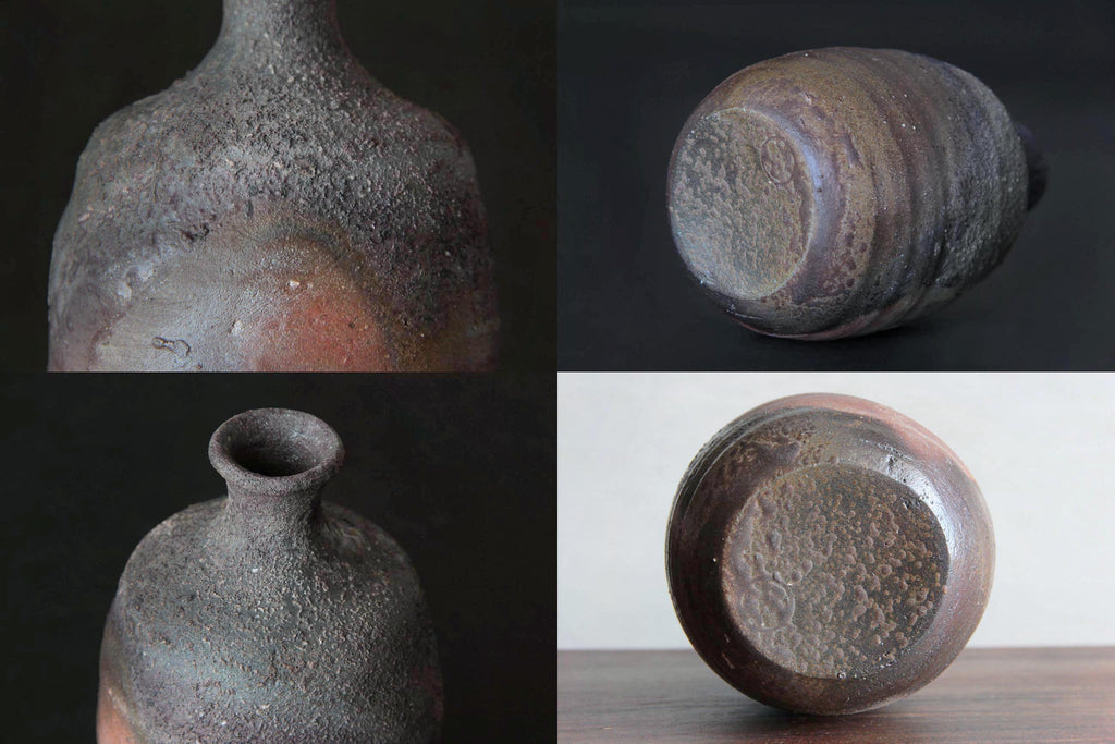 Side and bottom views of Bizen ware tokkuri, highlighting
kiln effects, natural firing marks, and circular base pattern.
