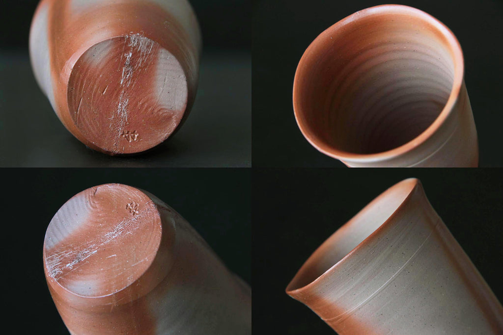 Cose-up montage showing foot, interior, and makers mark details of a Bizen tumbler.