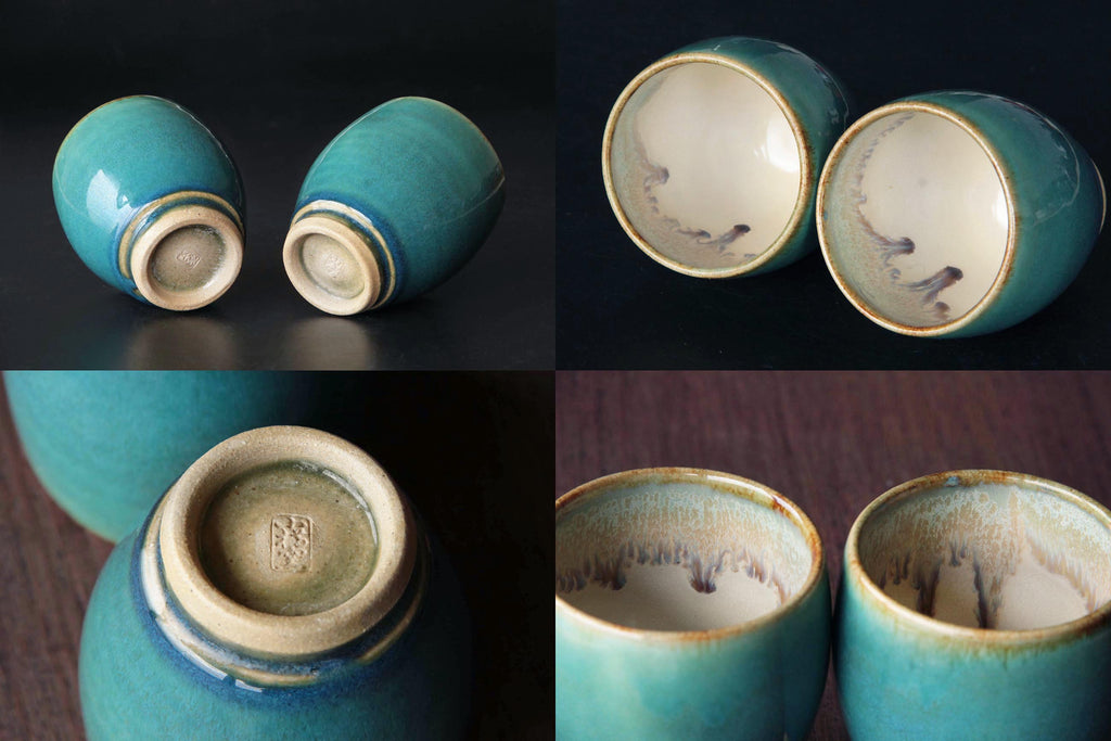 deep green and blue ceramic cup. Japanese Otaru kiln pottery.