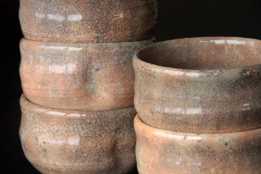 old tea cups from Hagi ware. With beautiful crackle surface. Close up.