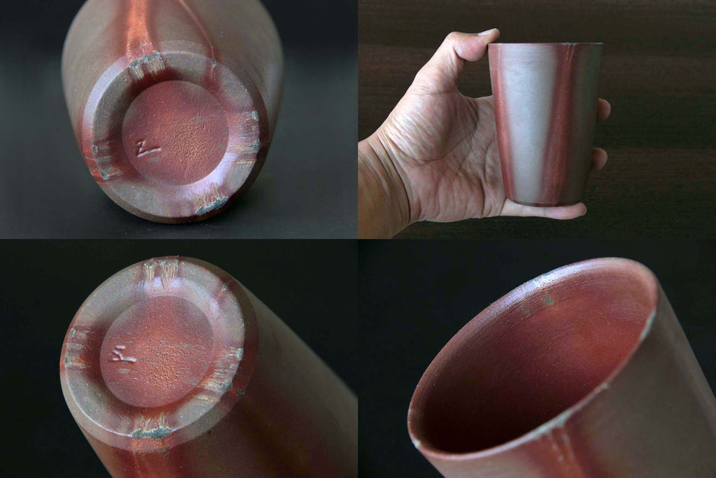 Four views of a Bizen tumbler showing hand-held scale, interior, and makers mark on the base.