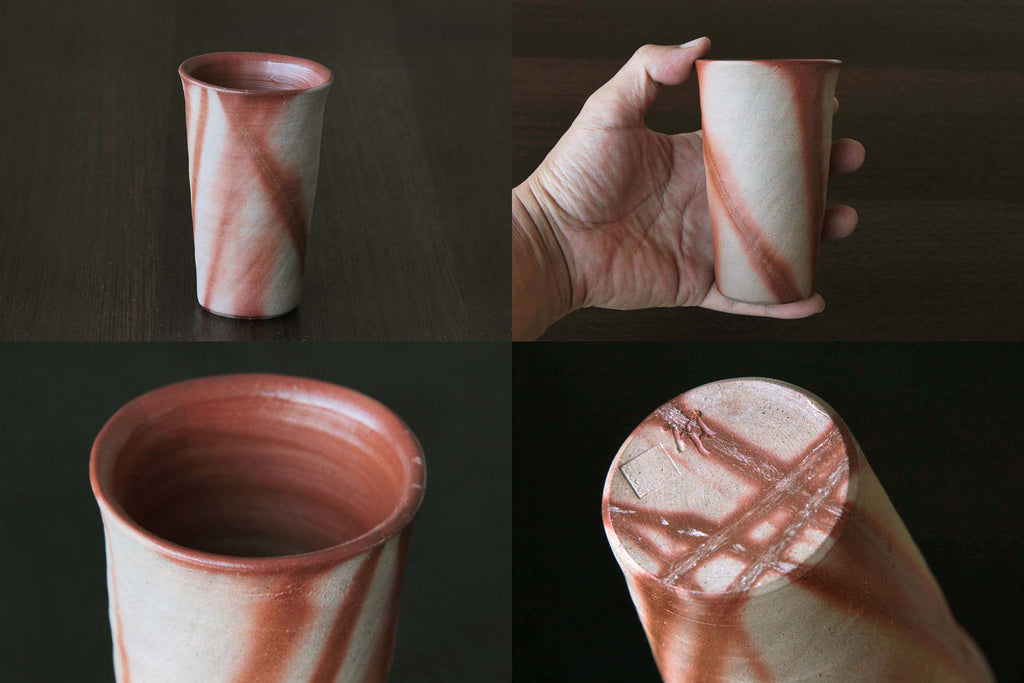 Four views of a Bizen tumbler showing hand-held scale, interior, and makers mark on the base.