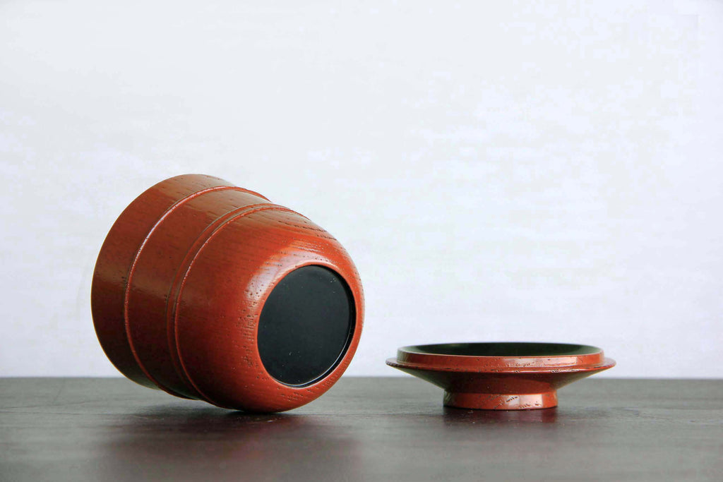 Red Urushi lacquered wooden cup with lid. Small soup bowl. Japanese tableware.