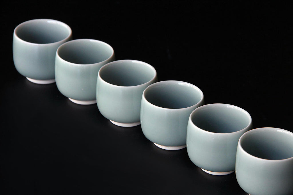 light blue sake cups Japanese porcelain