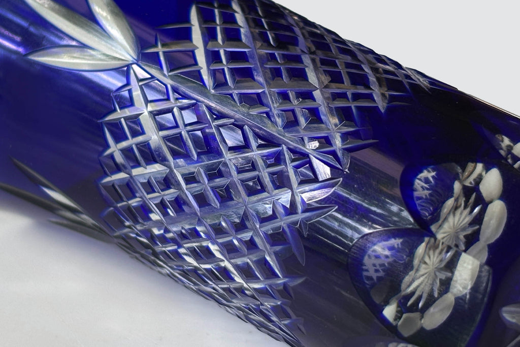 Close-up of the Edo Kiriko glass surface showing the detailed hand-cut lattice and floral design.
