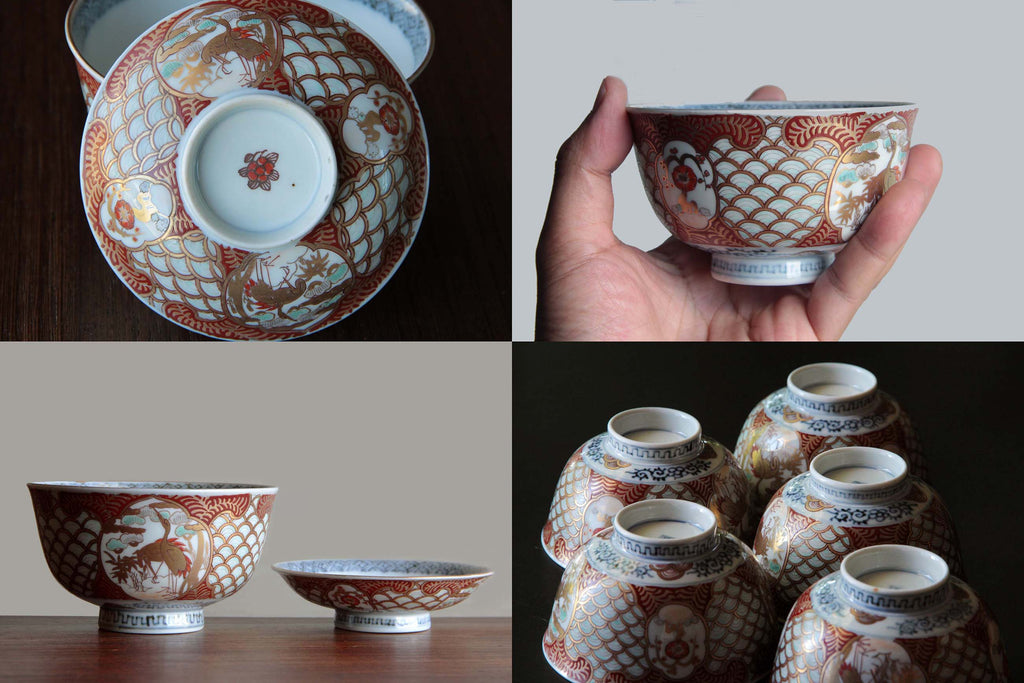 Multiple angles of Ko-Imari lidded bowls including hand-holding and top-down views