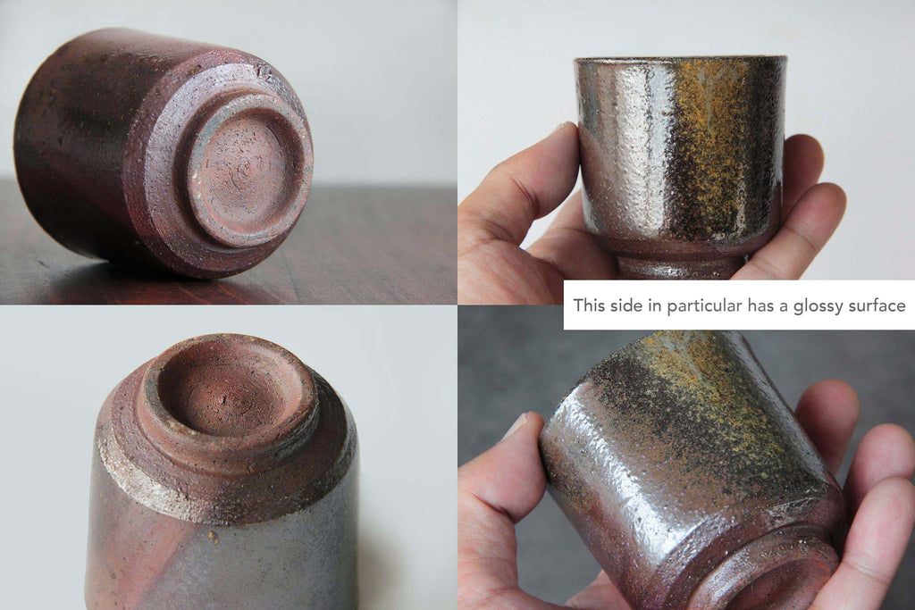 Bizen ware yunomi tea cup shown from multiple angles, highlighting its natural reddish-brown clay, kiln-fired textures, and glossy surface patterns