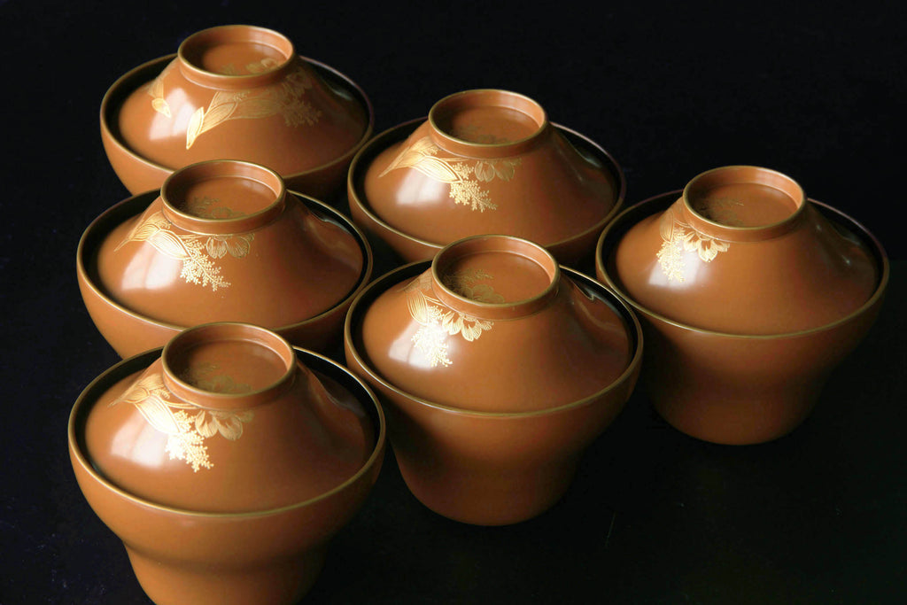 Yellow lidded bowls. Japanese Owan tableware for soup.