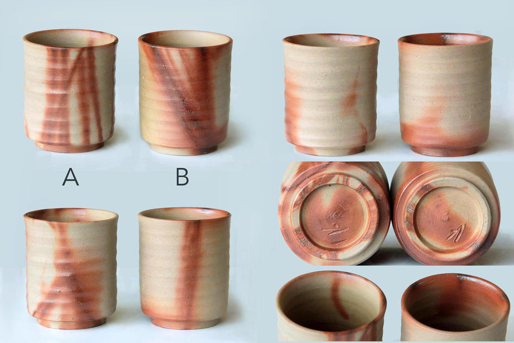 Multiple views of two Bizen ware cups, including bottoms with potter's marks and interior firing
effects