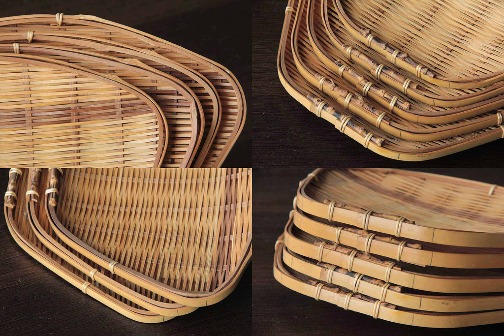 Collage of multiple bamboo trays stacked and viewed from different angles showing edges and
weaving details