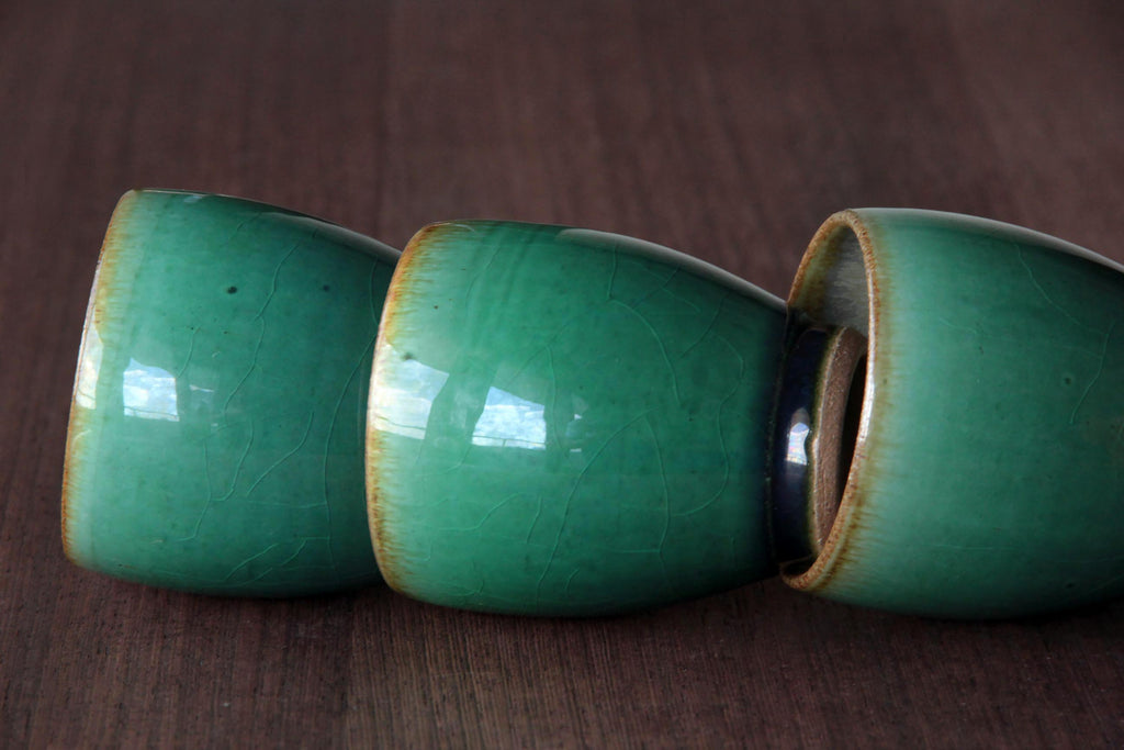 Deep green glaze cup. Rare Otaru-Kiln pottery. 