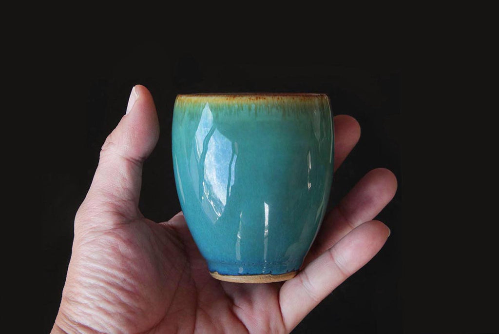 Deep green and blue  tea cup. Rare Otaru pottery in Hokkaido. 