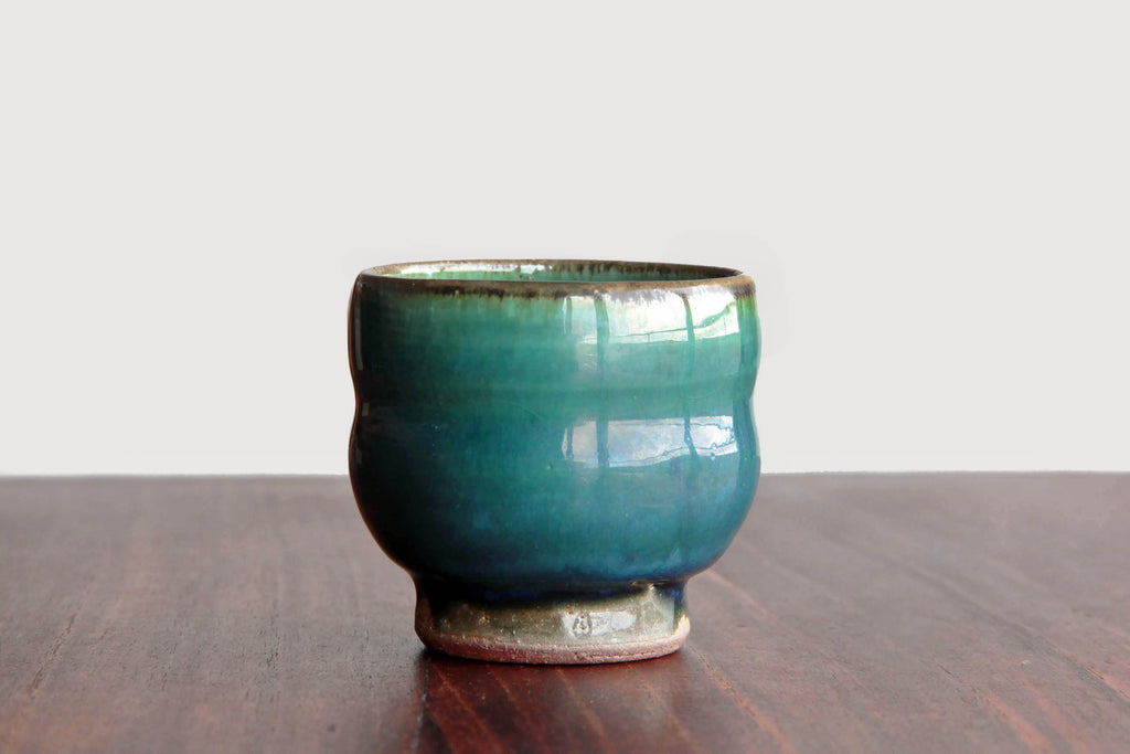 deep green and blue ceramic cup. Japanese Otaru kiln pottery.