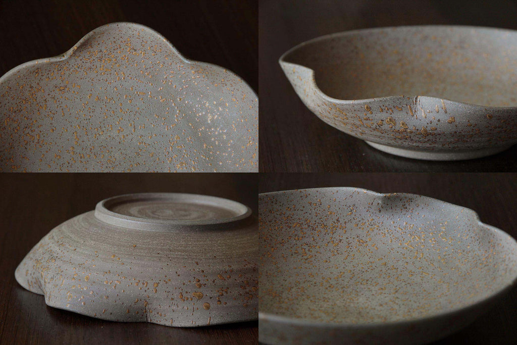 Side and top views of handcrafted Japanese tableware with curved lip and warm gray glaze,
displayed in a collage