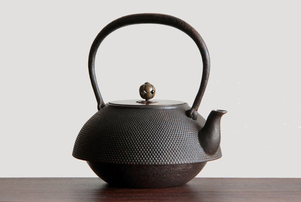 Traditional Japanese cast iron kettle (Tetsubin) with textured surface and curved handle, placed on a wooden surface.