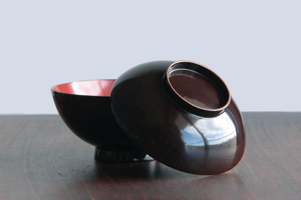 Brown antique wooden soup bowl. 
Lidded Japanese Urushi Lacquerware.