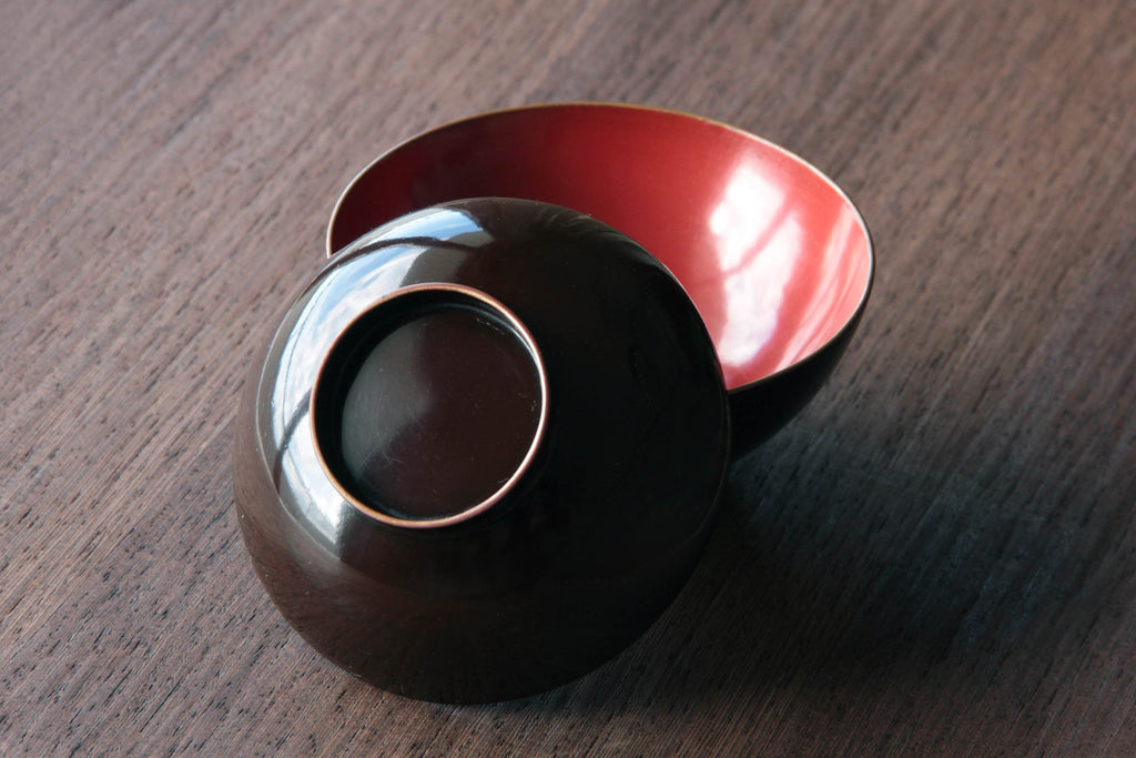 Brown antique wooden soup bowl. 
Lidded Japanese Urushi Lacquerware.