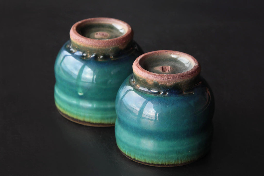 deep green and blue ceramic cup. Japanese Otaru kiln pottery.