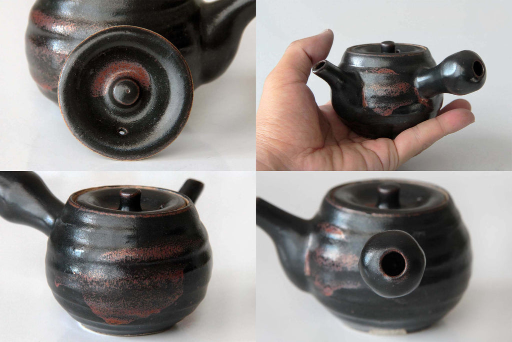 Multiple angles of a black Satsuma ware teapot including lid, spout, and hand-held view