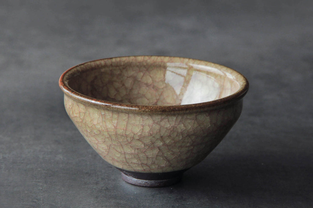Side view of Japanese pottery tea cup on gray background with warm earthy crackle glaze