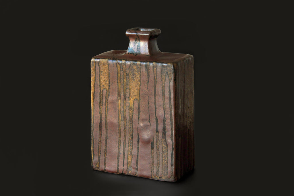 Rectangular Mashiko pottery vase with kaki glaze drips and rustic earthy brown surface