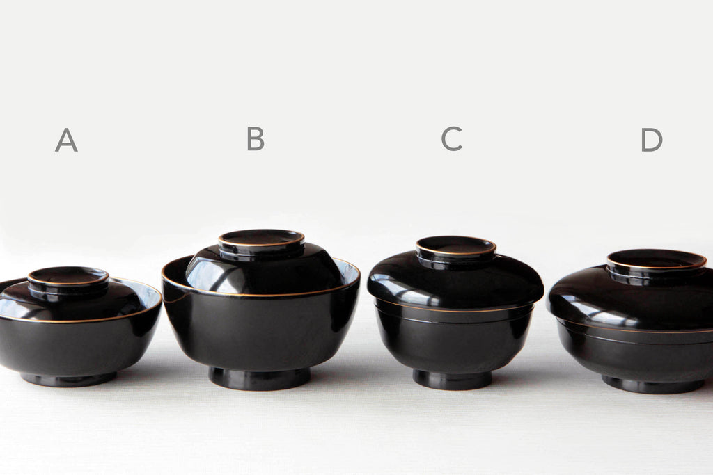 Rich black Urushi, Japanese Kaiseki tableware. Lidded wooden bowl.