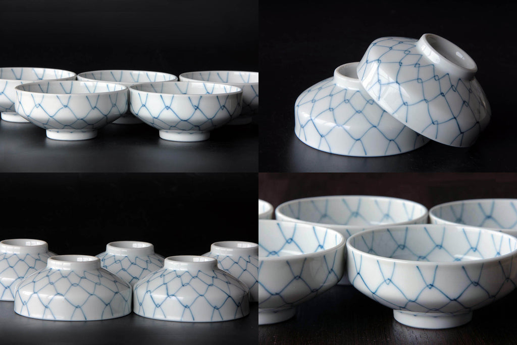 Collage of five bowls viewed from different angles highlighting blue net pattern and base details