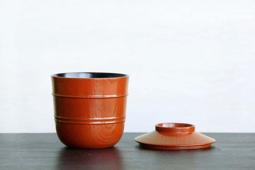 Red Urushi lacquered wooden cup with lid. Small soup bowl. Japanese tableware.