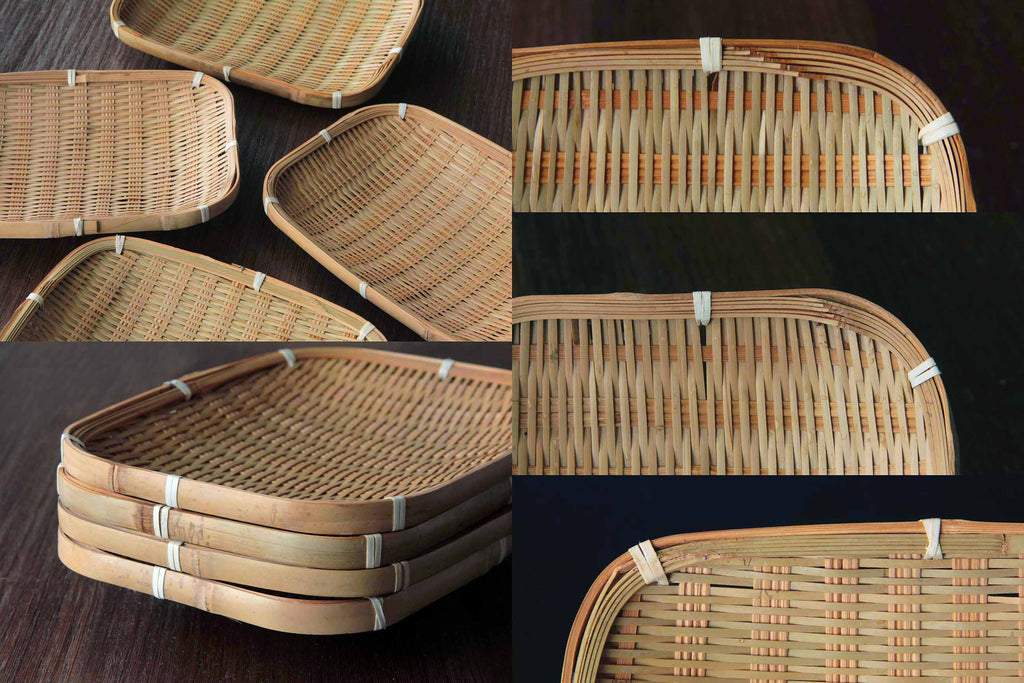 Collage of multiple rectangular bamboo trays showing sides, corners, and natural variations