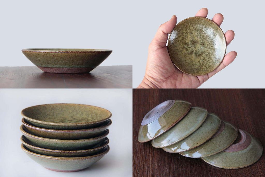 Collage of Japanese small ceramic dishes with green-brown glaze: side profile view, hand-held view, stacked set of five, and group displayed upside down showing reddish clay foot.