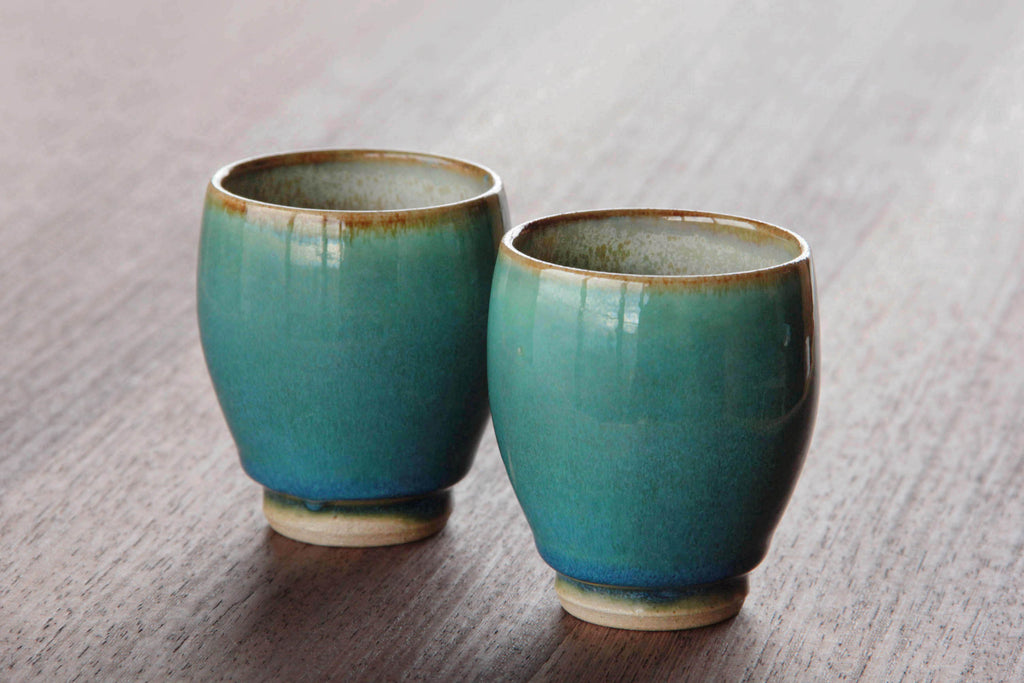 deep green and blue ceramic cup. Japanese Otaru kiln pottery.