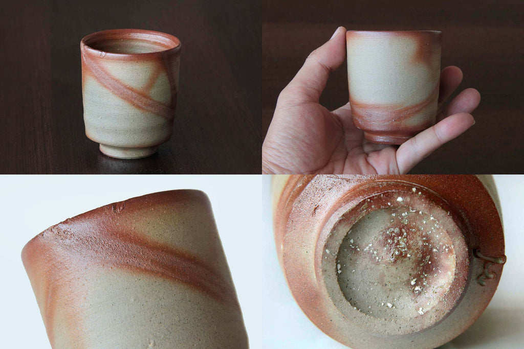 Various close-up views of a Bizen tea cup including foot, rim, and hand-held scale