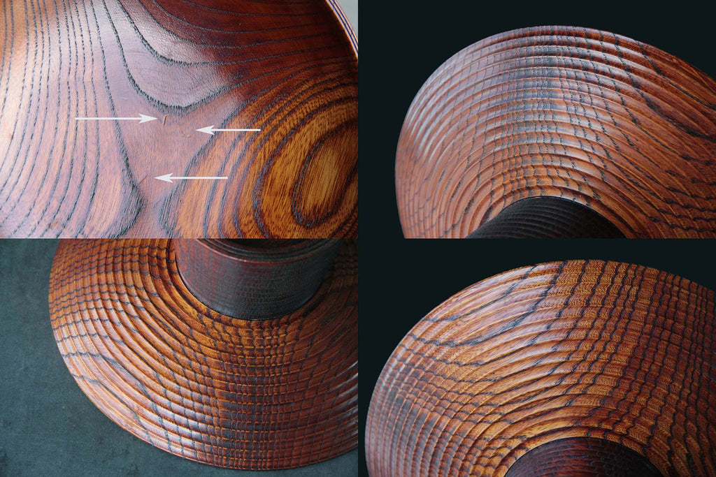 Close-up and profile views of a Japanese keyaki wood takatsuki (pedestal bowl) showing
detailed wood grain and chisel marks.