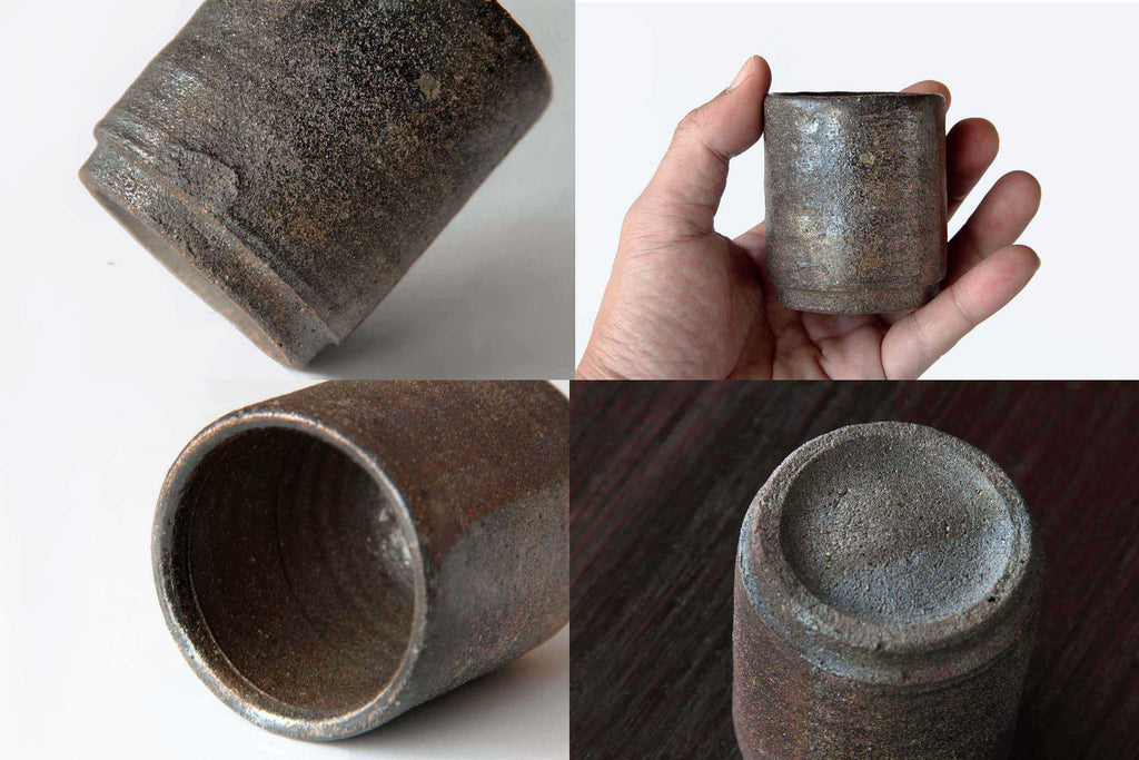 Collage of Bizen ware tea cup showing multiple angles: side view, hand-held view, interior rim, and base with rough unglazed clay texture and natural earthy firing tones.