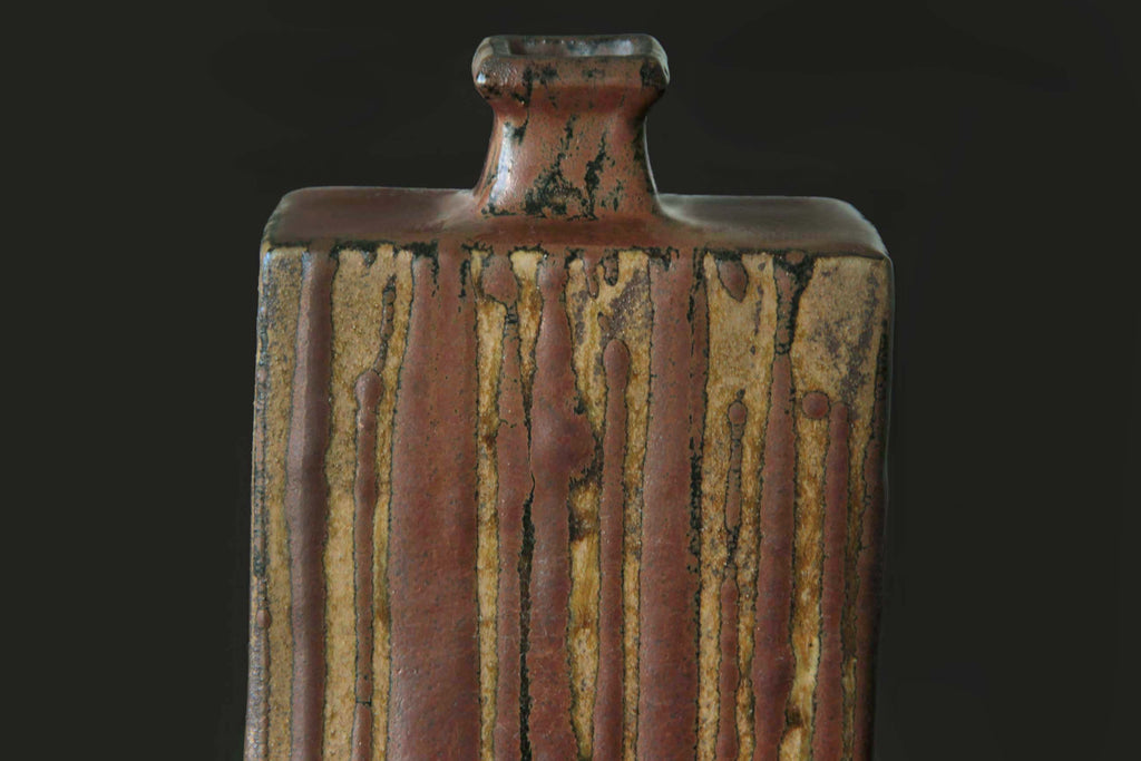 Vintage Japanese ceramic bottle shaped vase with natural flowing iron glaze patterns