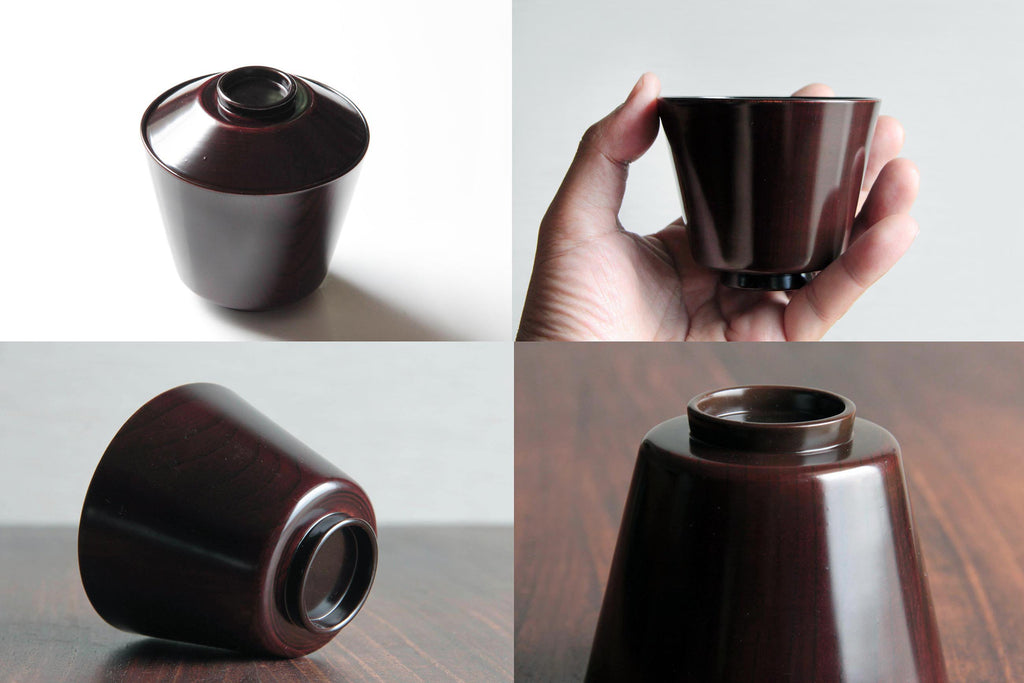 Various angles of a Japanese lacquerware bowl, including hand-held and bottom view.