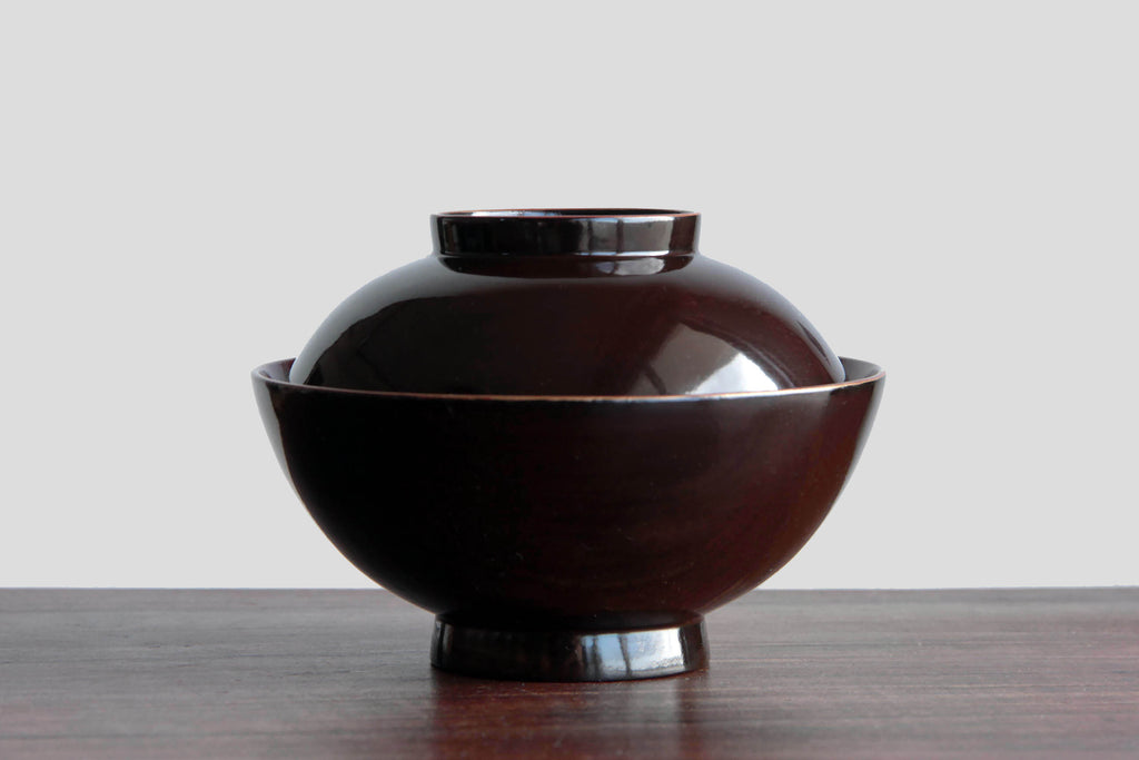 Brown antique wooden soup bowl. 
Lidded Japanese Urushi Lacquerware.