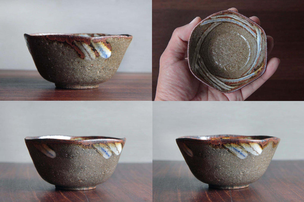 Various angles of a single hexagonal bowl held in hand and on table