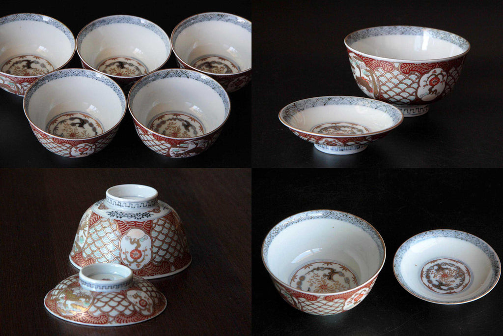 Ko-Imari bowl with lid placed diagonally, revealing inner pattern
