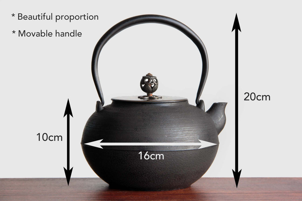 Kettle with size guide showing
dimensions 20cm height and 16cm width with movable handle