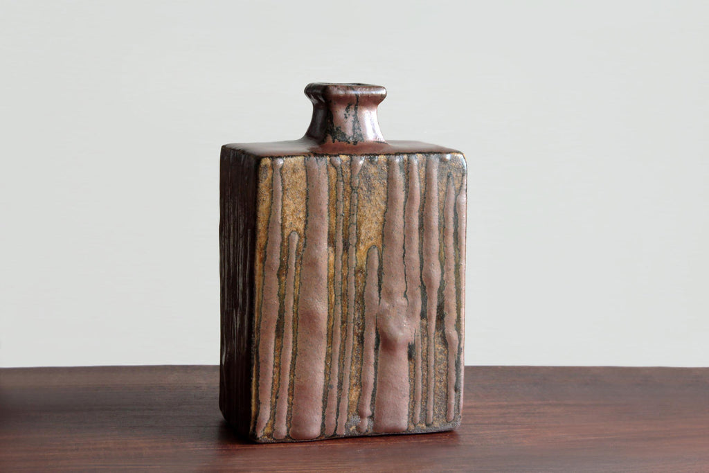 Mashiko ceramic artist style vessel with hand formed square neck and textured glaze