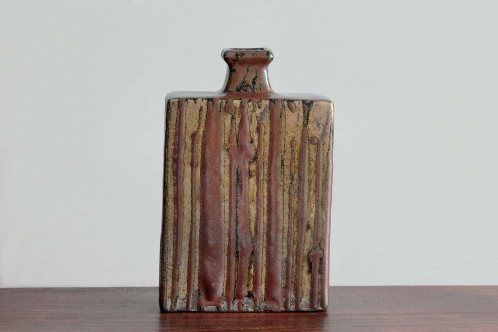 Traditional Mashiko yaki vase in natural brown tones with wood fired kiln markings