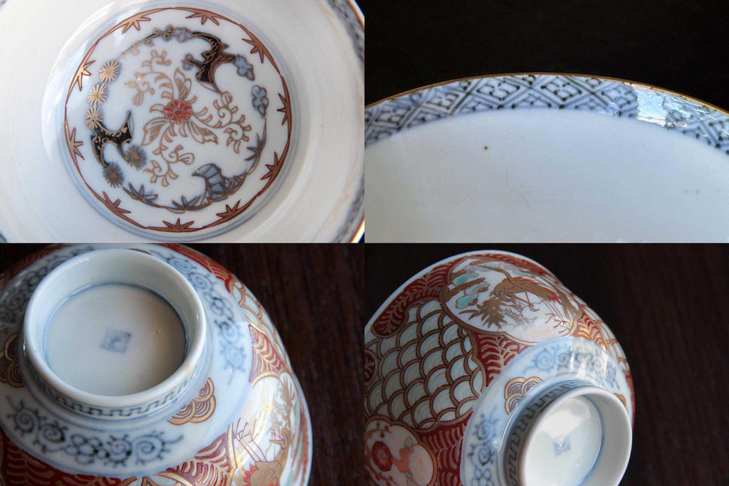 Close-up view of Ko-Imari bowls showcasing detailed floral medallions