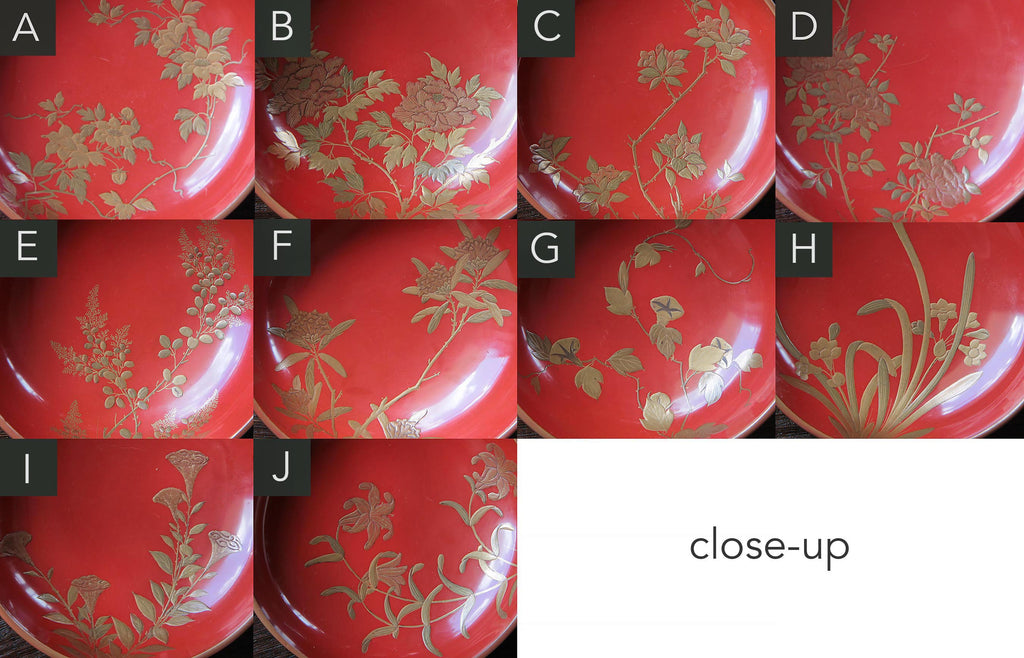 Red lacquer bowls with gold Maki-e decoration of various flowers and plants