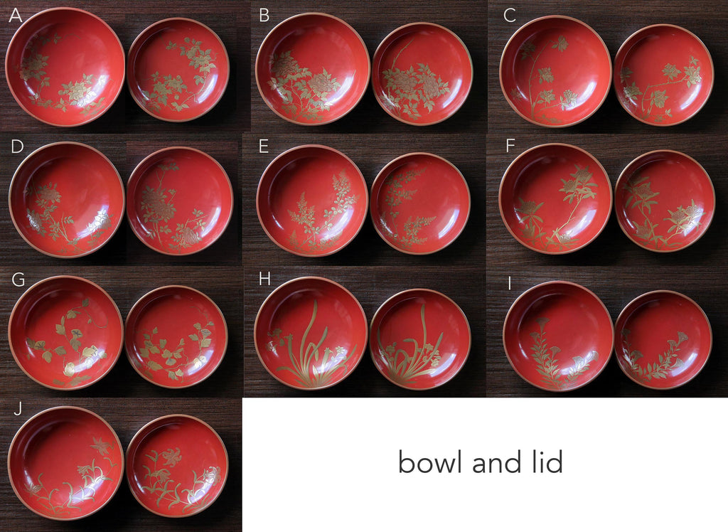 Close-ups of floral Maki-e patterns
labeled A through J on red lacquer bow